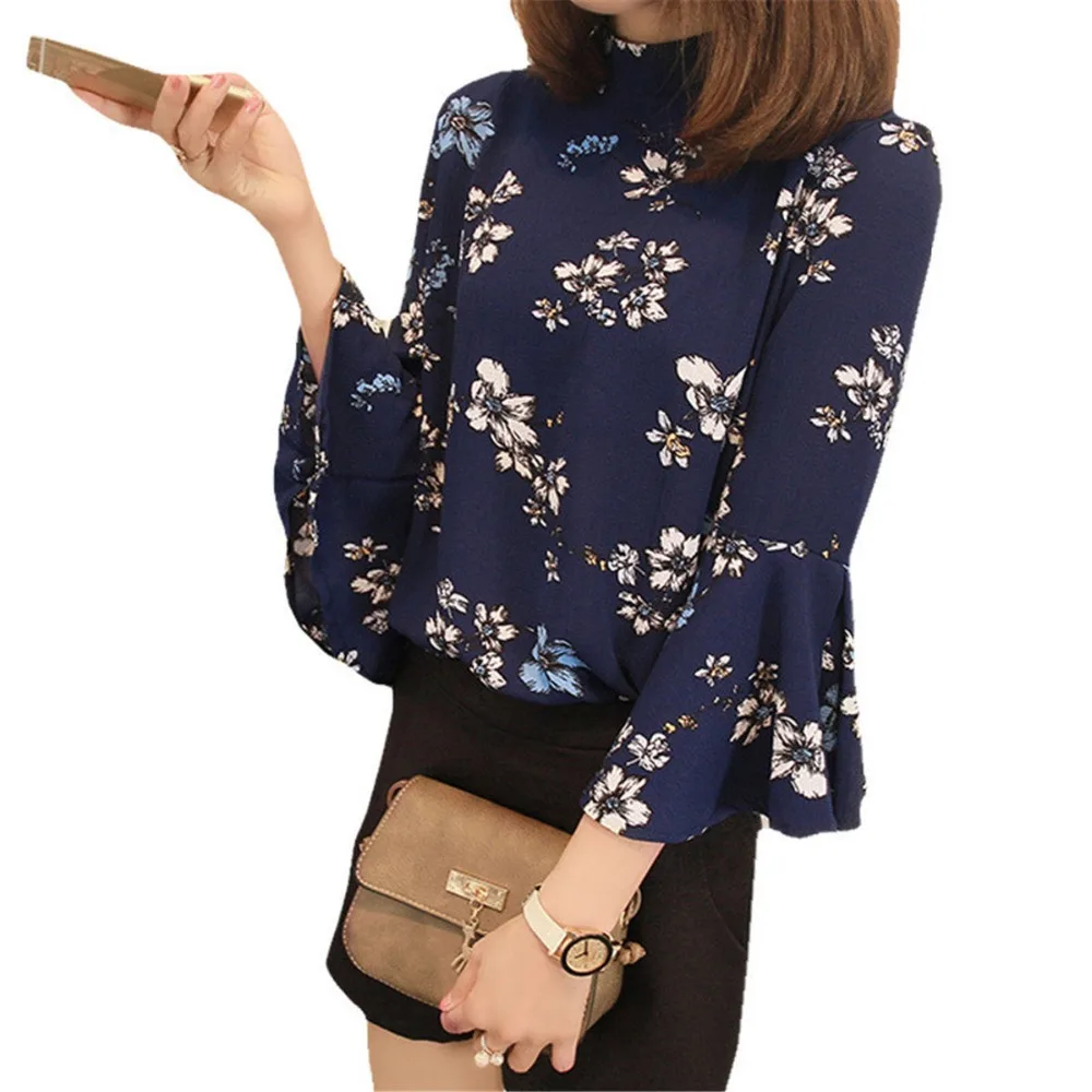 2018 корейская мода шифоновая с цветочным принтом Блузка женская рубашка Летняя