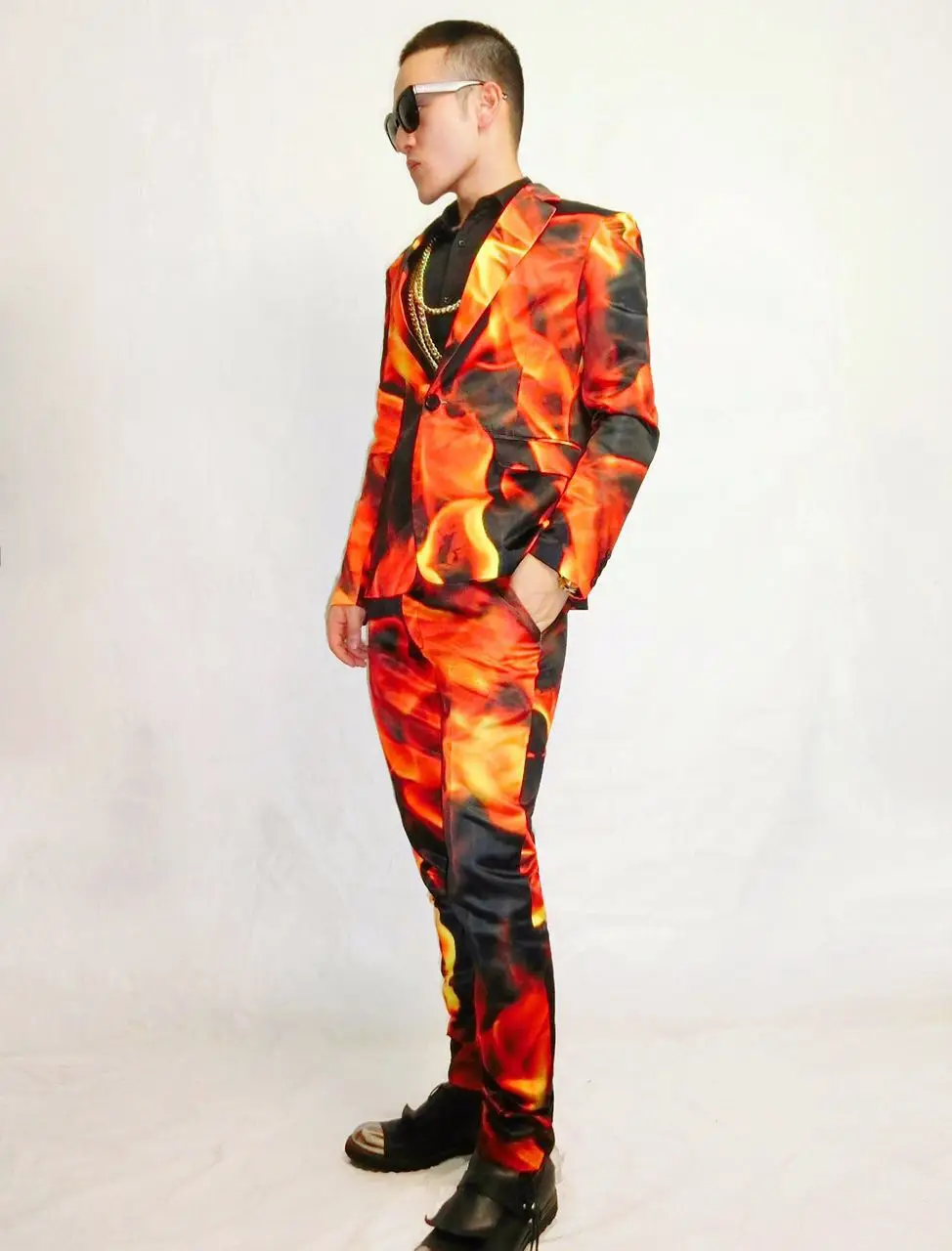 Модный крутой ночной клуб мужской певец Маккуин пиджак с огненным огнем брюки