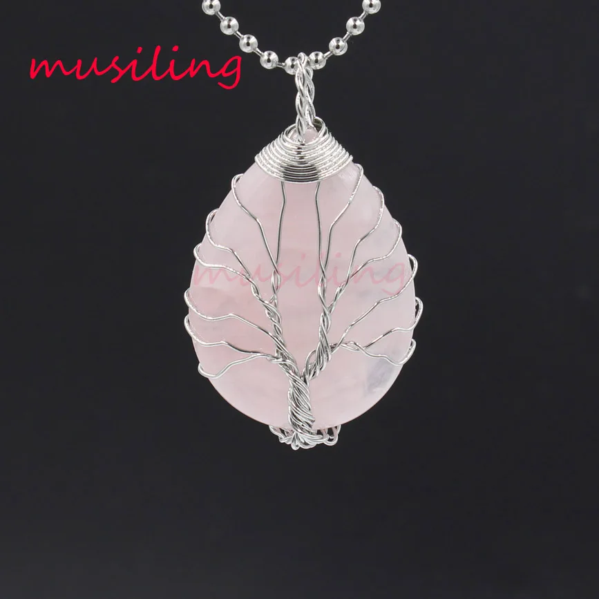 Rose Quartz Покрытый серебром натуральный драгоценные камни подвески жизнь дерево капли воды рейки маятник талисманы амулет модные украшения для женщин 10 шт - Окраска металла: Rose Quartz