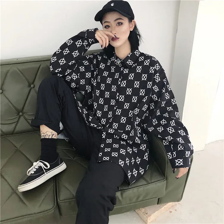 Женская одежда Харадзюку рубашка весна осень уличная хипстер Печать Блузки