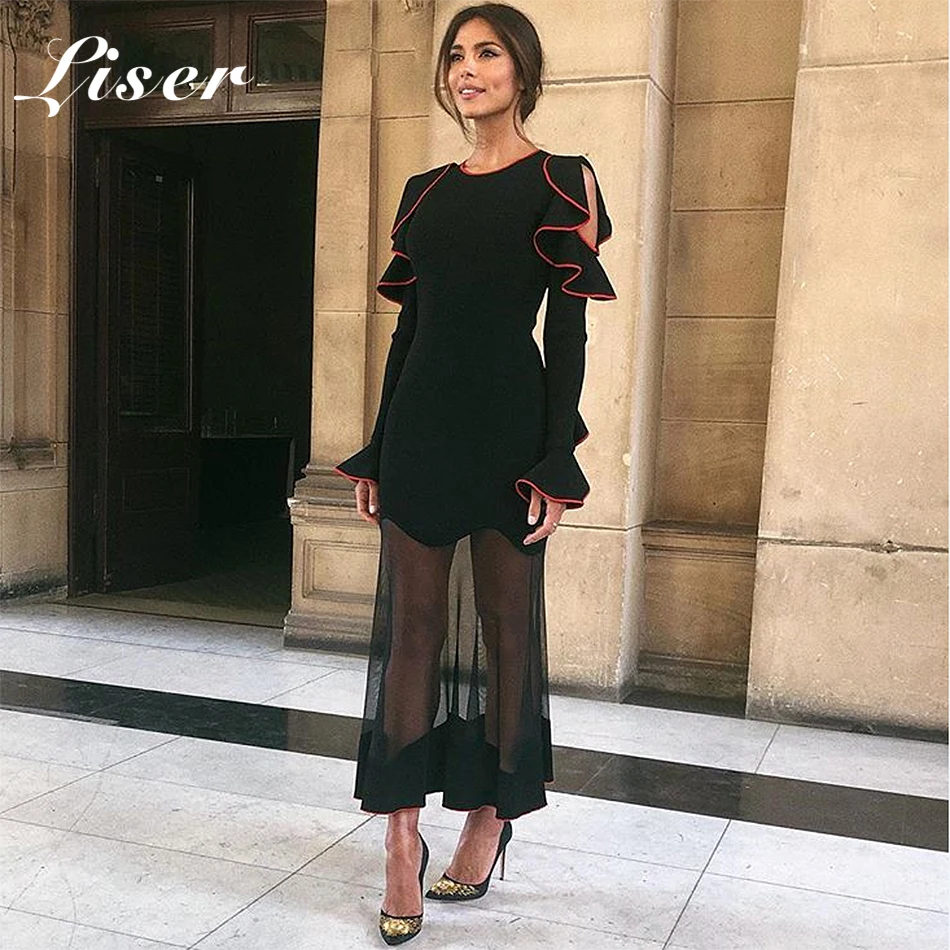 Женское Сетчатое платье Liser черное облегающее с круглым вырезом и оборками лето