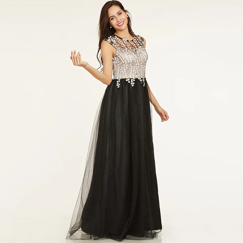 Женское длинное вечернее платье трапеция Tanpell черное до пола с рукавами