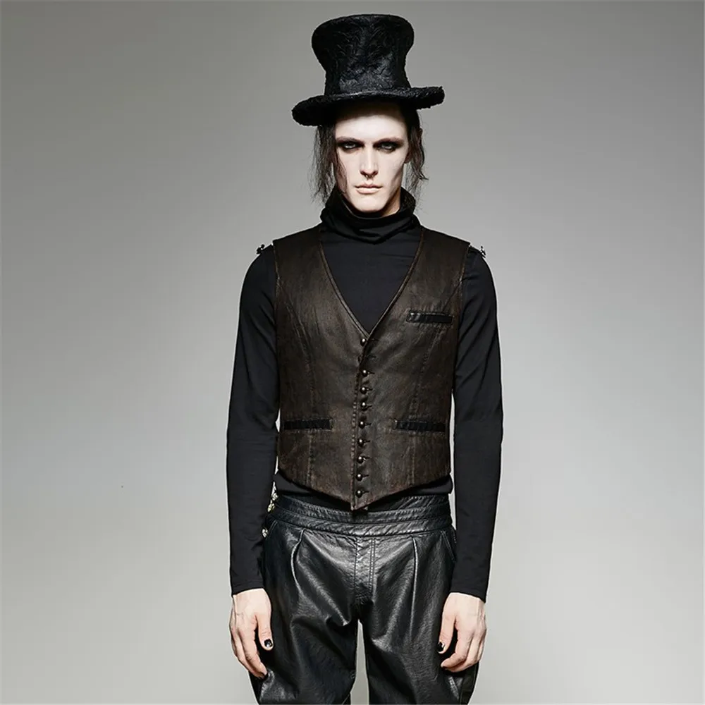Мужская кожаная жилетка в стиле стимпанк с V-образным вырезом | одежда