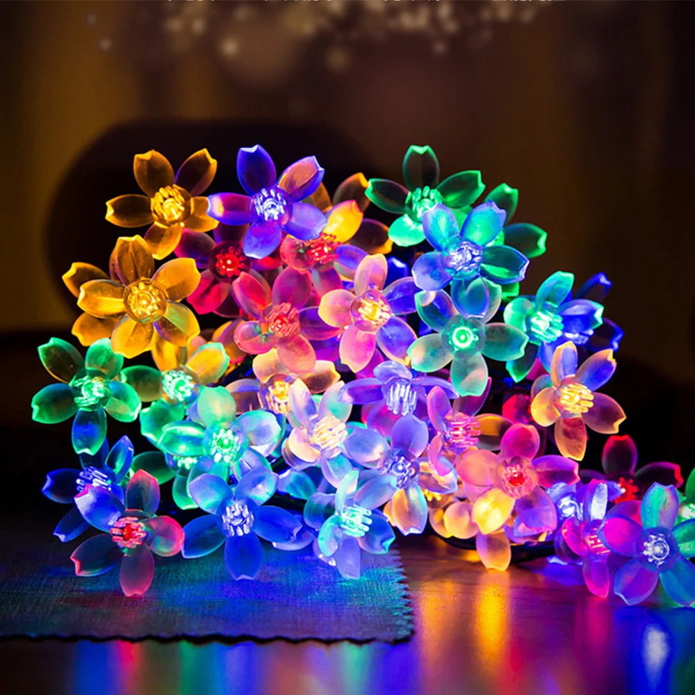 HUSUYUHU 50 LEDS Solar String Flowers Fairy Christmas Tree Light Party Wedding Peach Blossom Patio Outdoor Garland Led Lamp | Освещение