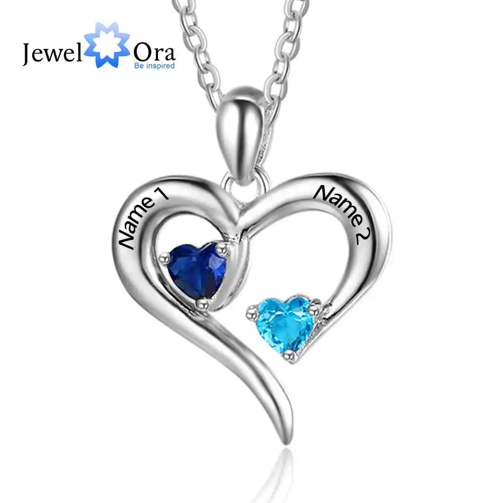 

JewelOra 925 Sterling Silver Personalized Heart Necklace with 2 Birthstones Custom EngraveName Pendant Mothers Day Gift Jewelry
