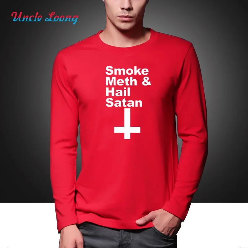 Style Fashion SMOKE METH HAIL SATAN T Shirt Men Casual long Sleeve Keep Calm and Worship Satan Funny O-neck Autumn T-shirt | Мужская