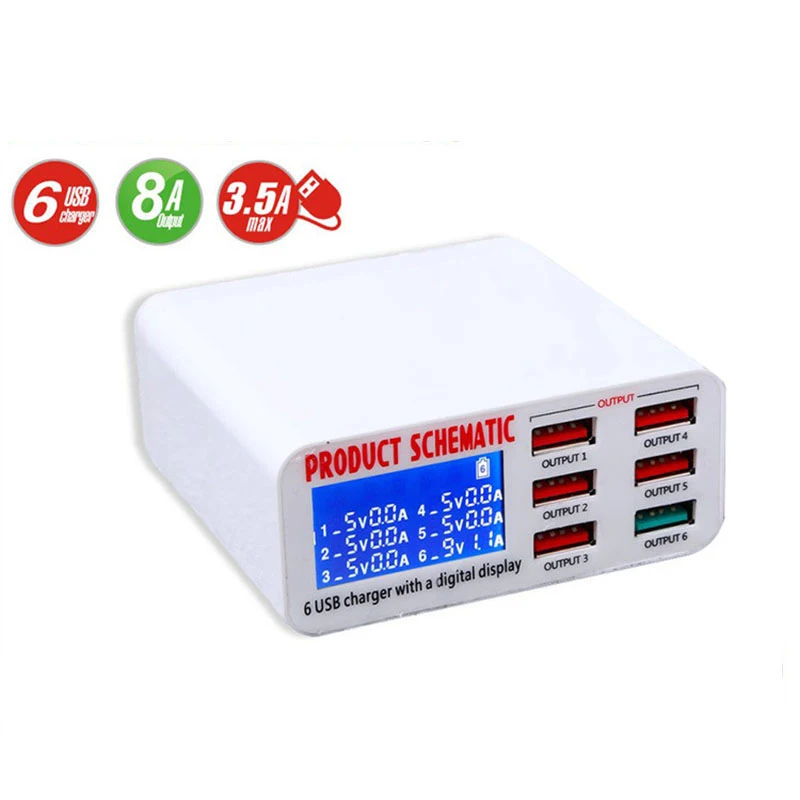 6A 30W 6-Port USB Fast Wall Charger Desktop Charging Station with LCD Display and Auto Detect Technology for iPhone iPad Samsung |