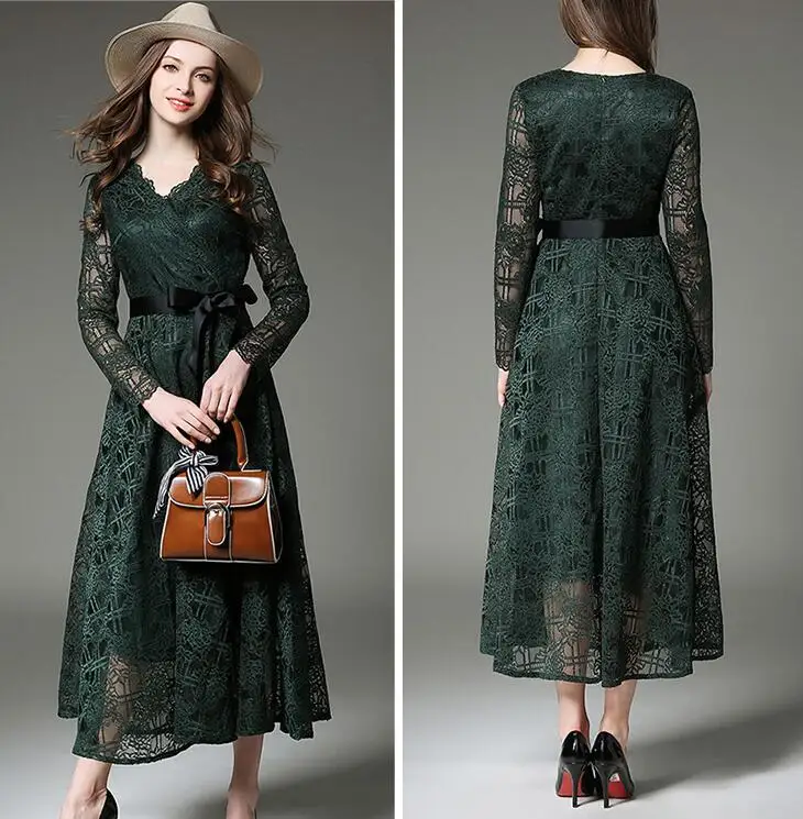 

Women's European fashion spring autumn long sleeve v neck long lace dress female vintage high waist belt green dress TB978