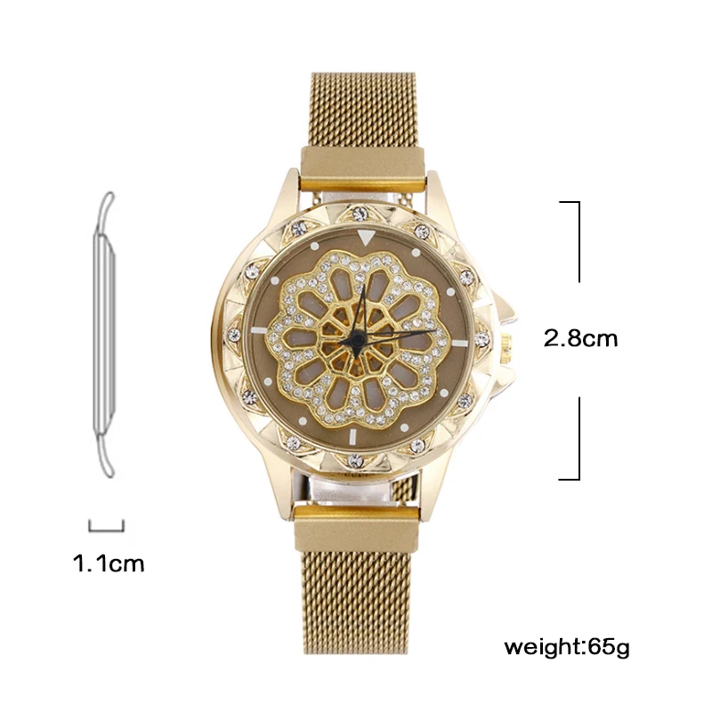Женские часы с золотыми цветами и стразами Роскошные наручные магнитным