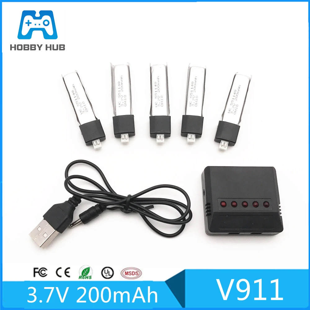 5Pcs 3.7V 200MaH New Version Lipo Battery + 1 Set Charger With USB Cable For WLtoys V911 V911-1 V911-2 2.4G 4Ch RC Helicopter