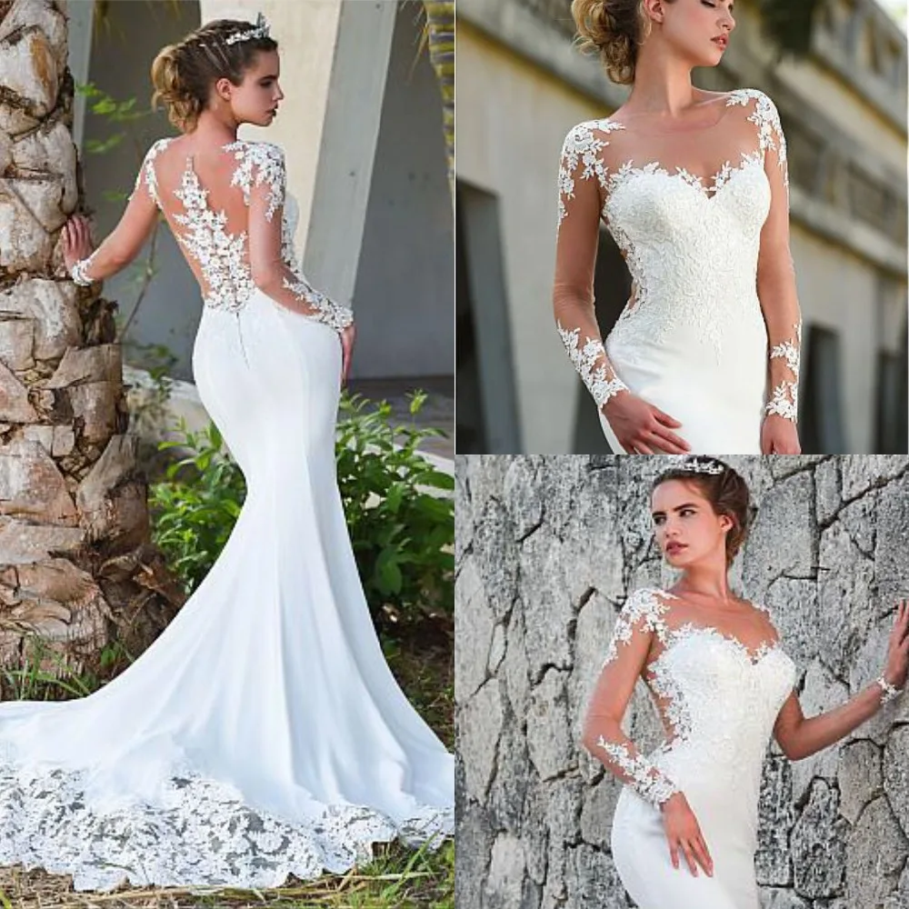

Fantastic O-Neck Mermaid Wedding Dresses Custom Made Sexy See Through Long Sleeve Illusion Back Bridal Gowns Floor Length