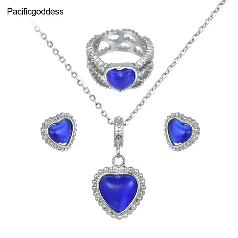 

Luxury heart Jewelry Sets Silver blue top quality Engagement Rings Necklace Earring silver bridal jewelry sets