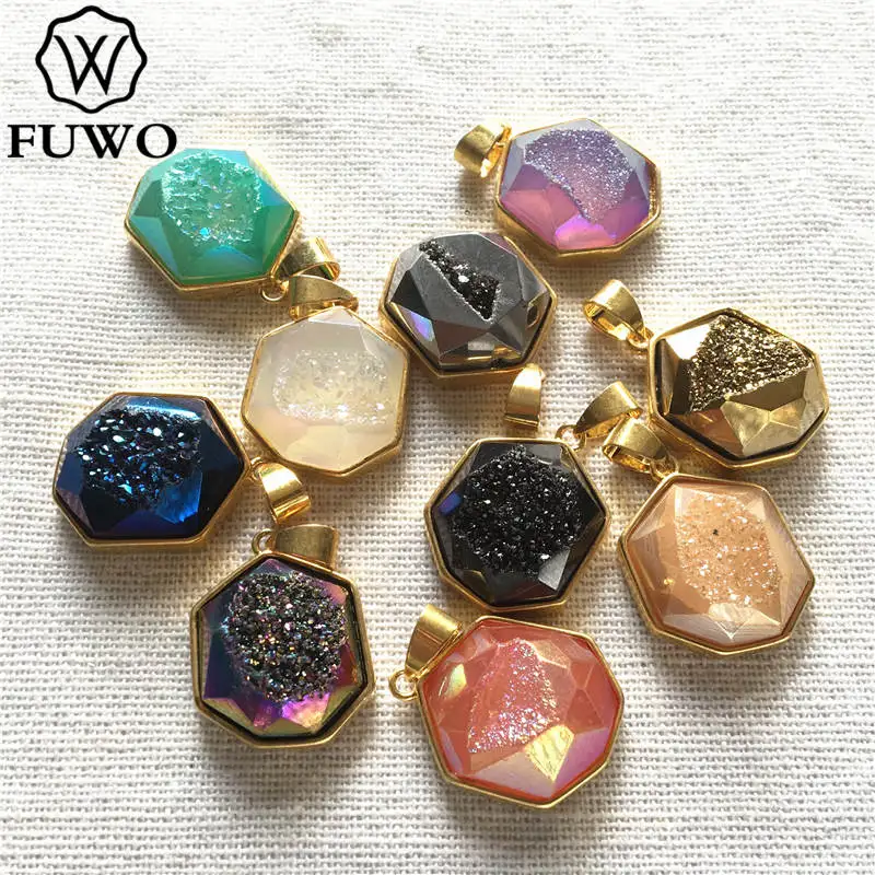 Fewo граненый аура Druzy Heptagon Разъем Кулон с золотым ободком отделан для изготовления