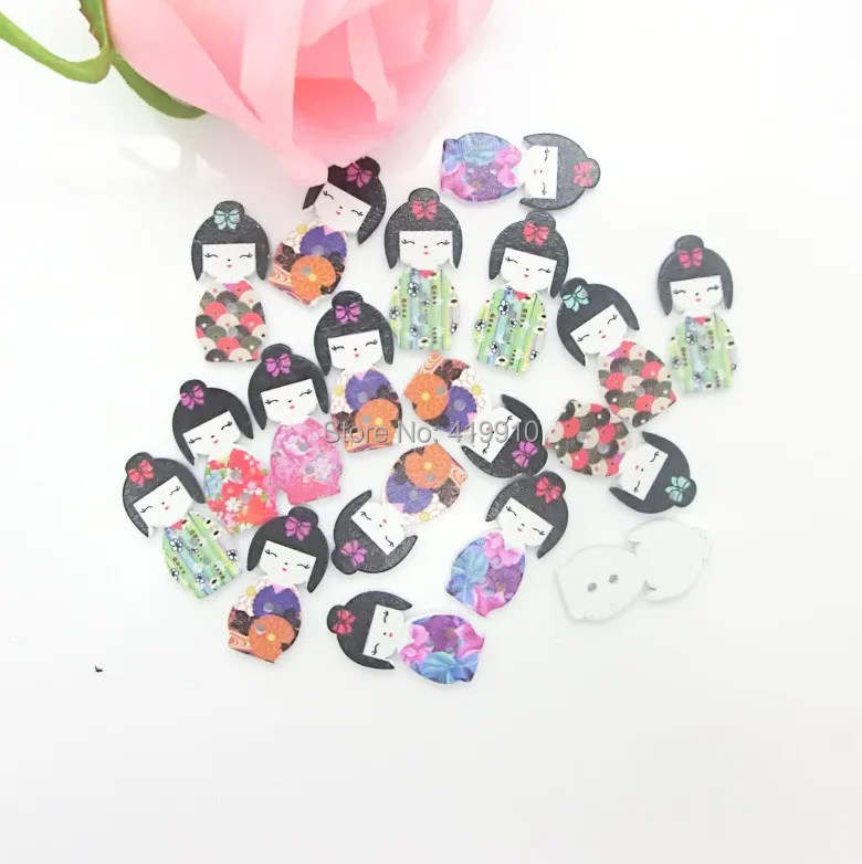 Free shipping -100PCs Random Mixed Lovely Japanese Kimono Doll 2 Holes Wood Painting Sewing Buttons Scrapbooking 15x30mm J1508 | Дом и сад