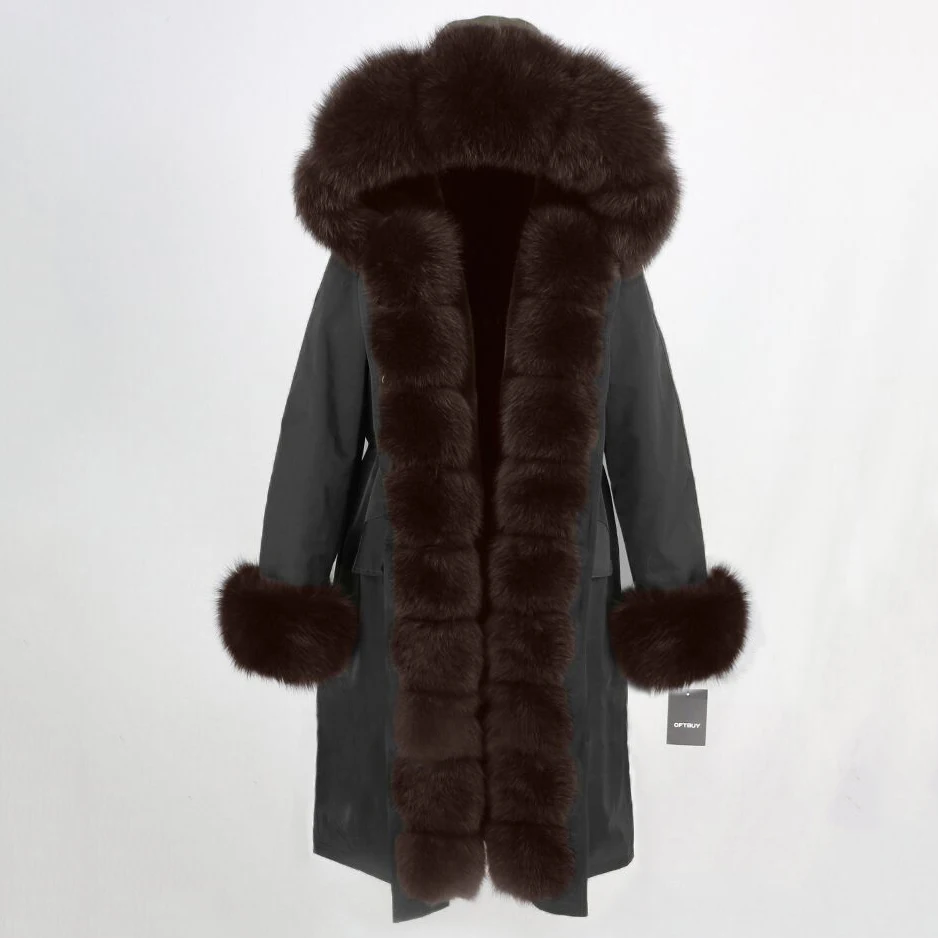 black dark brown Женское пальто на меху с капюшоном OFTBUY, черная непромокаемая парка со съемным натуральным лисьим мехом на капюшоне, зима - Цвет: black dark brown