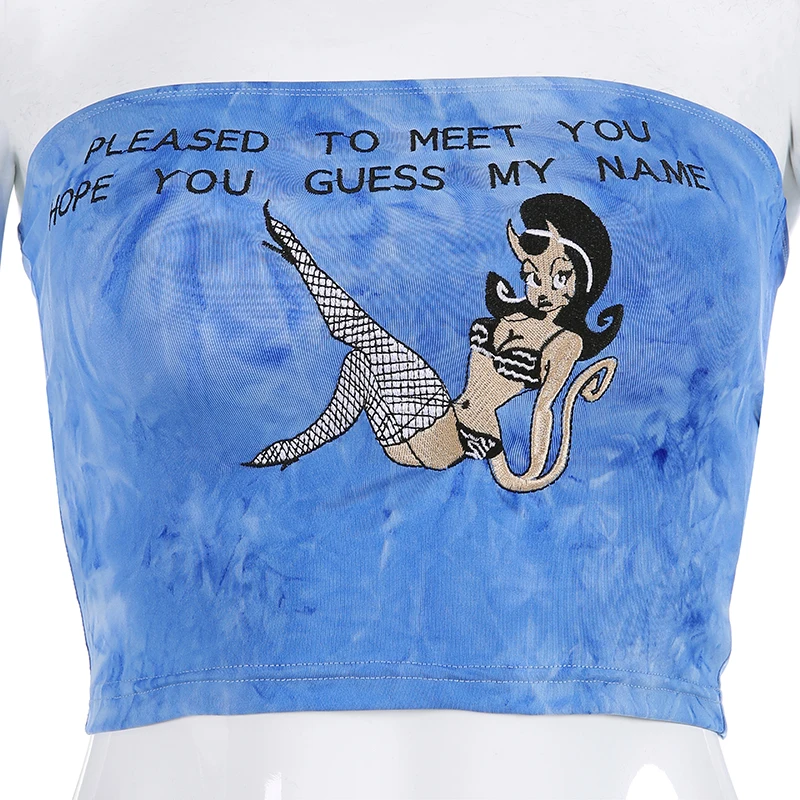 Без бретелек Топ Для женщин голубые с буквами принтом без рукавов летние топы