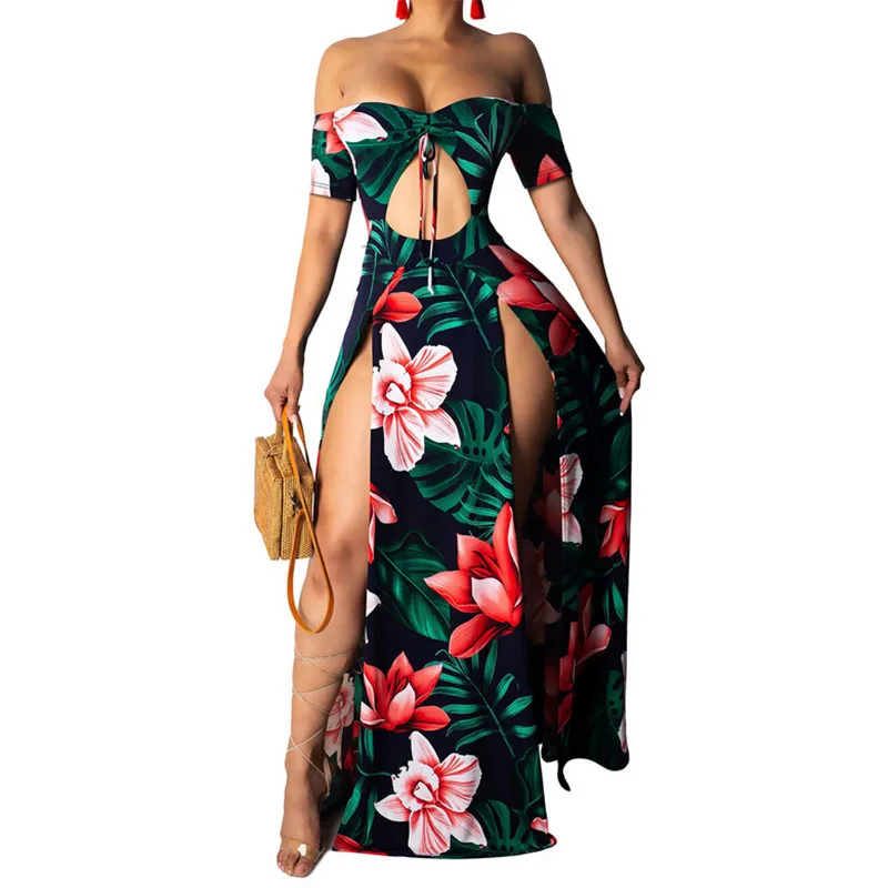 Женское платье с открытыми плечами пикантное длинное макси цветочным принтом
