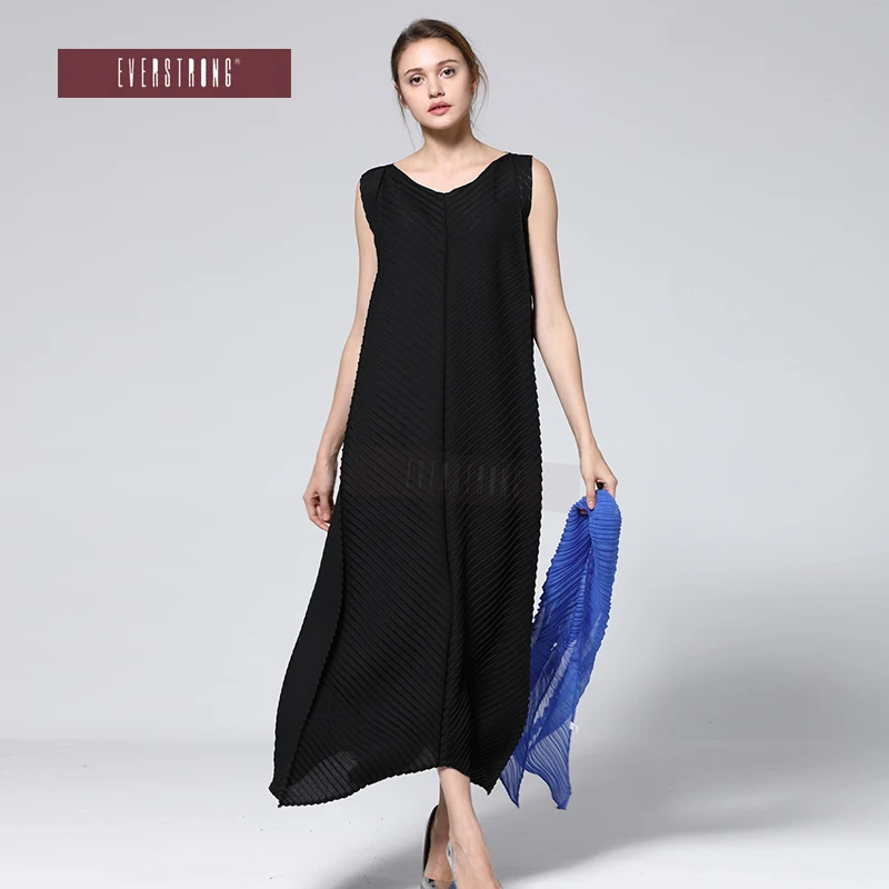 Changpleat новые летние одноцветное Для женщин длинные платья Miyak плиссированные дизайн моды Свободные Большой Размеры трапециевидной формы женский Макси платье прилив - Цвет: Black