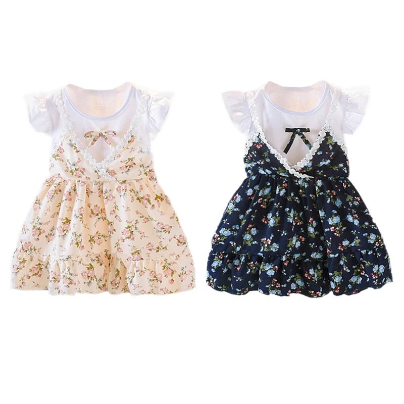 Summer Casual Chiffon Flare Sleeve Fake 2 Piece Floral Pattern Dress Baby Girls Beach 2019 Kids Toddler Princess Sundress | Детская