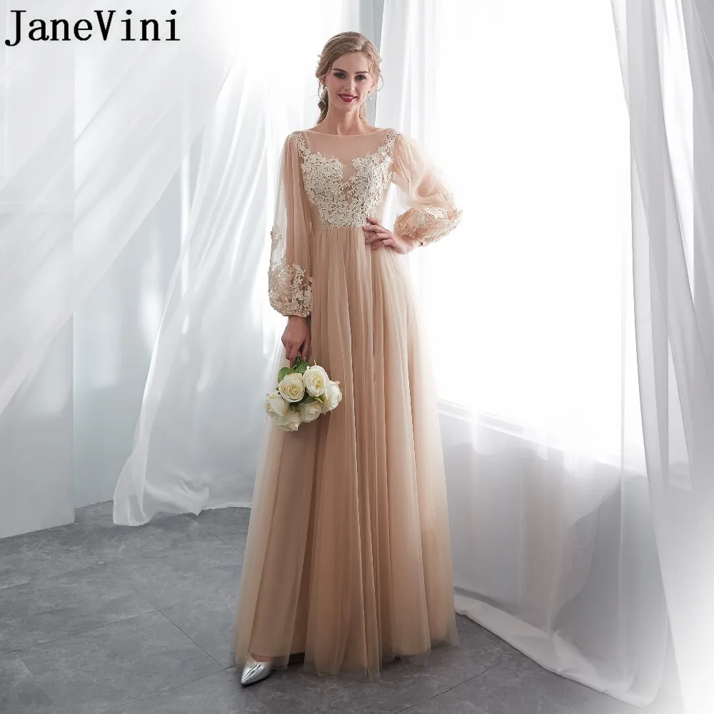 

JaneVini Elegant Champagne Long Sleeves Bridesmaid Dresses with Lace Appliques Floor Length Zipper Back Tulle Formal Prom Gowns