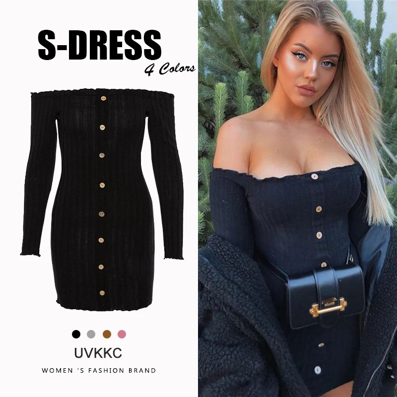 UVKKC женские вязаные платья 2019 осень мода с открытыми плечами Кнопка Bodycon длинным