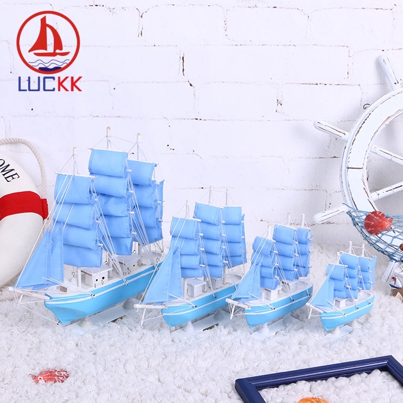 

LUCKK 33 24 20 16CM DIY Wooden Model Ships Light Blue Home Decoration Room Wood For Crafts Toys Sailing Model Kids Gift Souvenir