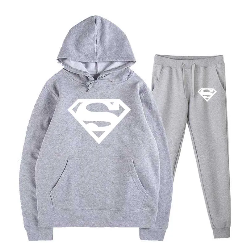 Light grey 1 Супермен НОВЫЕ толстовки мужские брендовые хип-хоп толстовки свитшоты и спортивные штаны Мужской комплект из двух предметов бархатный костюм с капюшоном - Цвет: Light grey 1