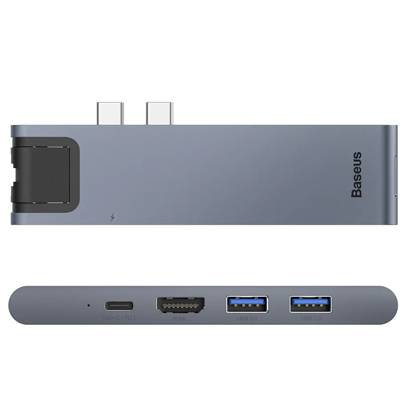 Baseus Dual type C USB 3,0 концентратор для Macbook Pro 3 USB C концентратор для HDMI 4K устройство для чтения карт SD TF RJ45 PD адаптер 3 USB C док-станция - Цвет: Deep grey