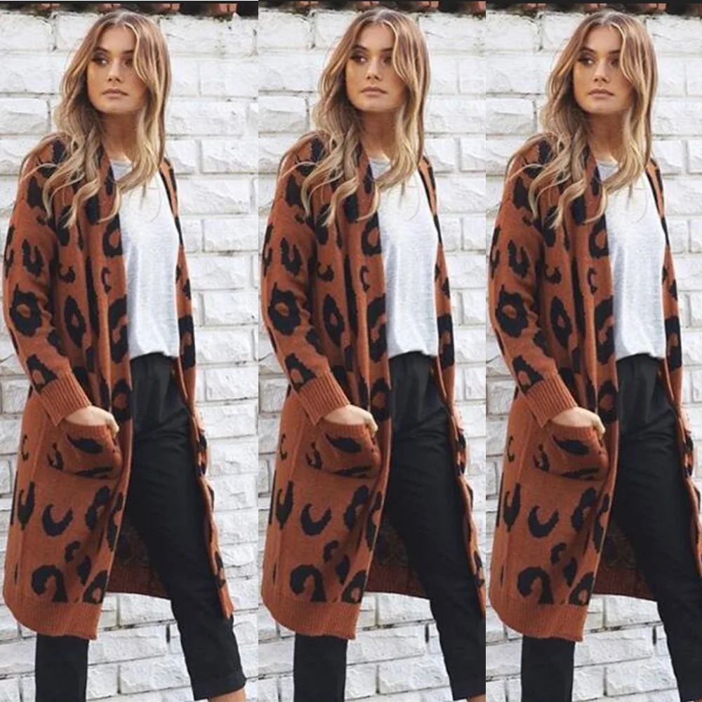 OMCHION Casaco Feminino Leopard Long Cardigan 2018 Autumn Korean Pockets Women Sweater Jacket Casual Warm Sexy Knit Coat LP134 |