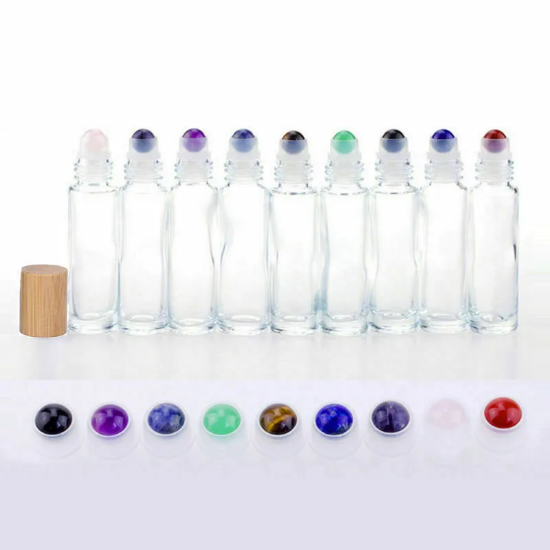 10ml Natural Gemstone Glass Roller Bottles Essential Oil Jade Roller Bottles Bamboo Cover 10pcs/lot P224 - Цвет: empty