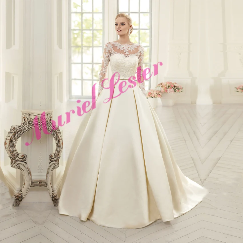 

Свадебное платье из атласа с длинным рукавом, белое/цвета слоновой кости свадебное платье