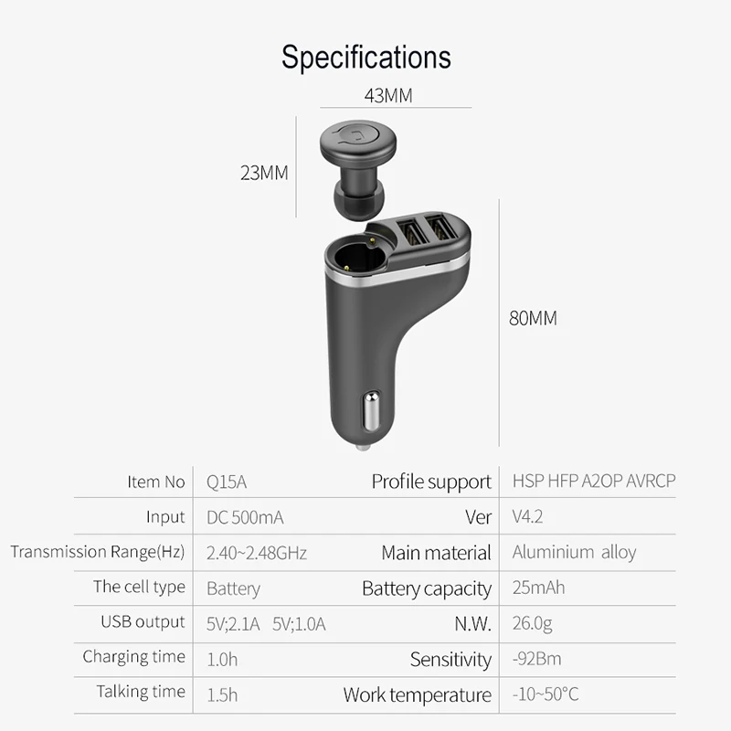 Bluetooth наушники беспроводные автомобильное зарядное устройство USB интерфейс 4 2