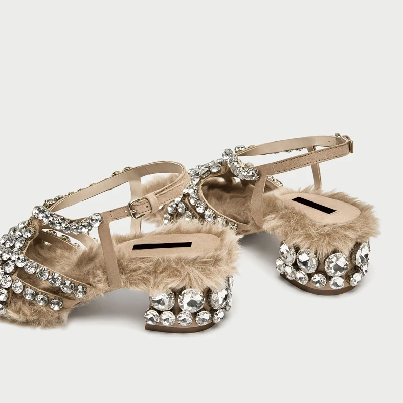 Luchfive 2018 Новое поступление Перо Кристалл Туфли с ремешком и пряжкой открытым