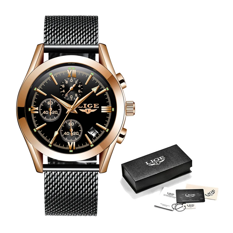 2019LIGE men's watch new luxury brand fashion sports quartz stainless steel mesh strap dial date clock | Наручные часы