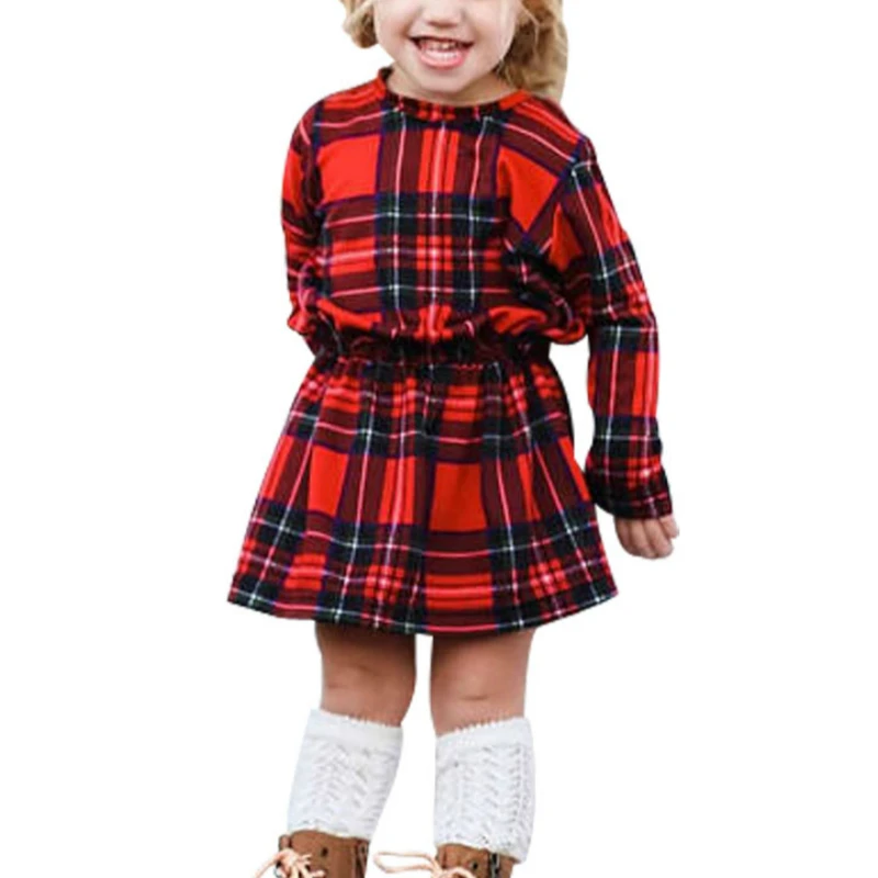 2018 New Arrivals Fashion Casual Elegant Princess Toddler Girls Long Sleeve Black Red Plaid Pleat Waist Cute Mini Dress | Детская одежда