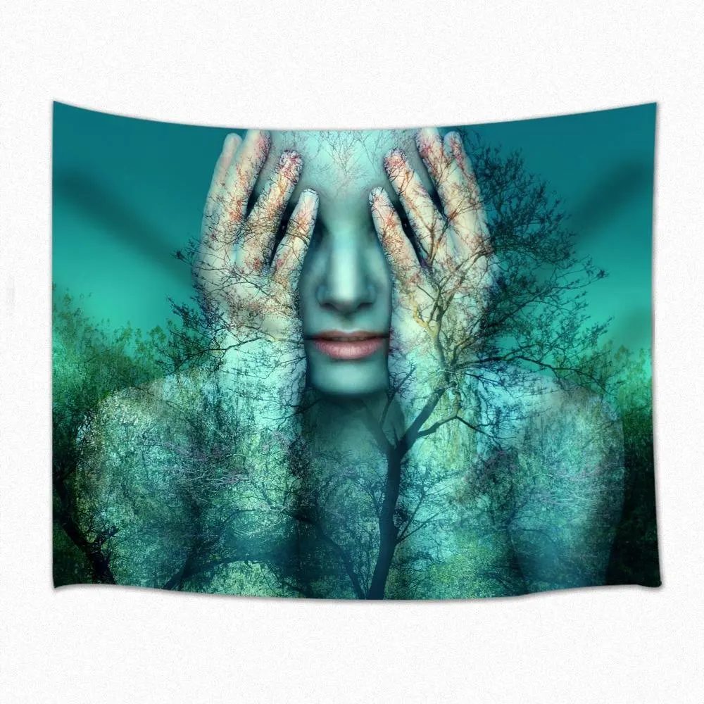 Абстрактный Декор гобелен обнаженная леди с руками на лице позади Древа Жизни