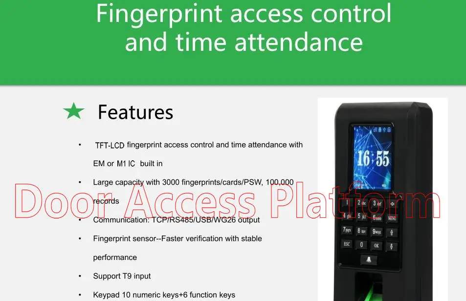 Считыватель отпечатков пальцев с TFT LCD цветным экраном стеклянный дверной