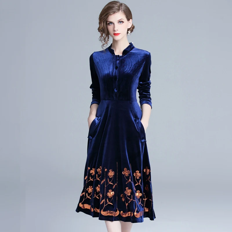 Платье JSXDHK женское 2021 модной осенью зимой синее бархатное с воротником-стойкой и винтажной вышивкой цветочков с пайетками.