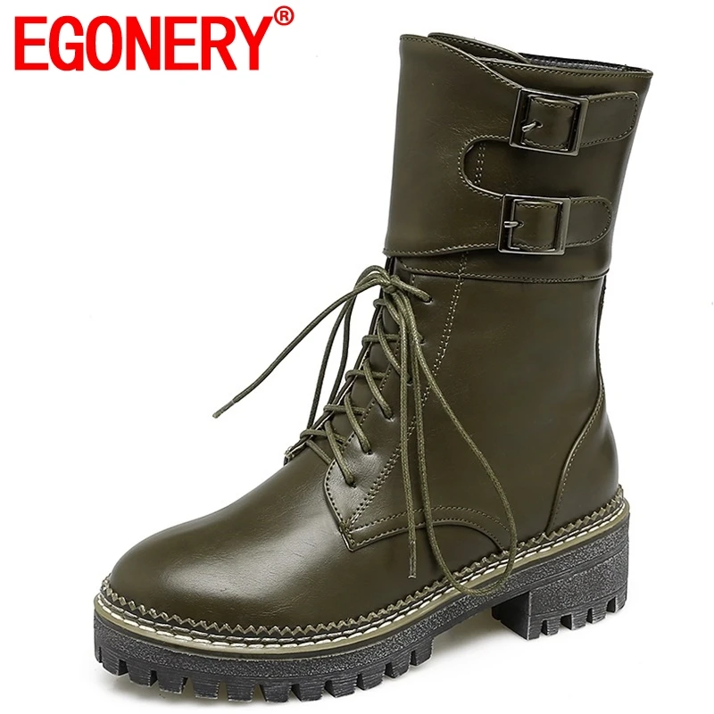 

EGONERY 2019 New Concise Casual Pu Shoes Women Med Square Heel Platfrom Round Toe cross-tied lace-up Winter Warm Mid Calf Boots