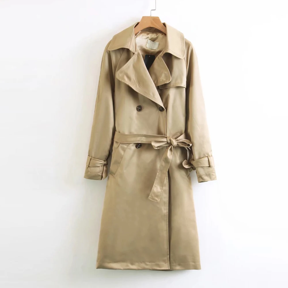 Женский двубортный тренчкот с поясом классический деловой цвета хаки/черный