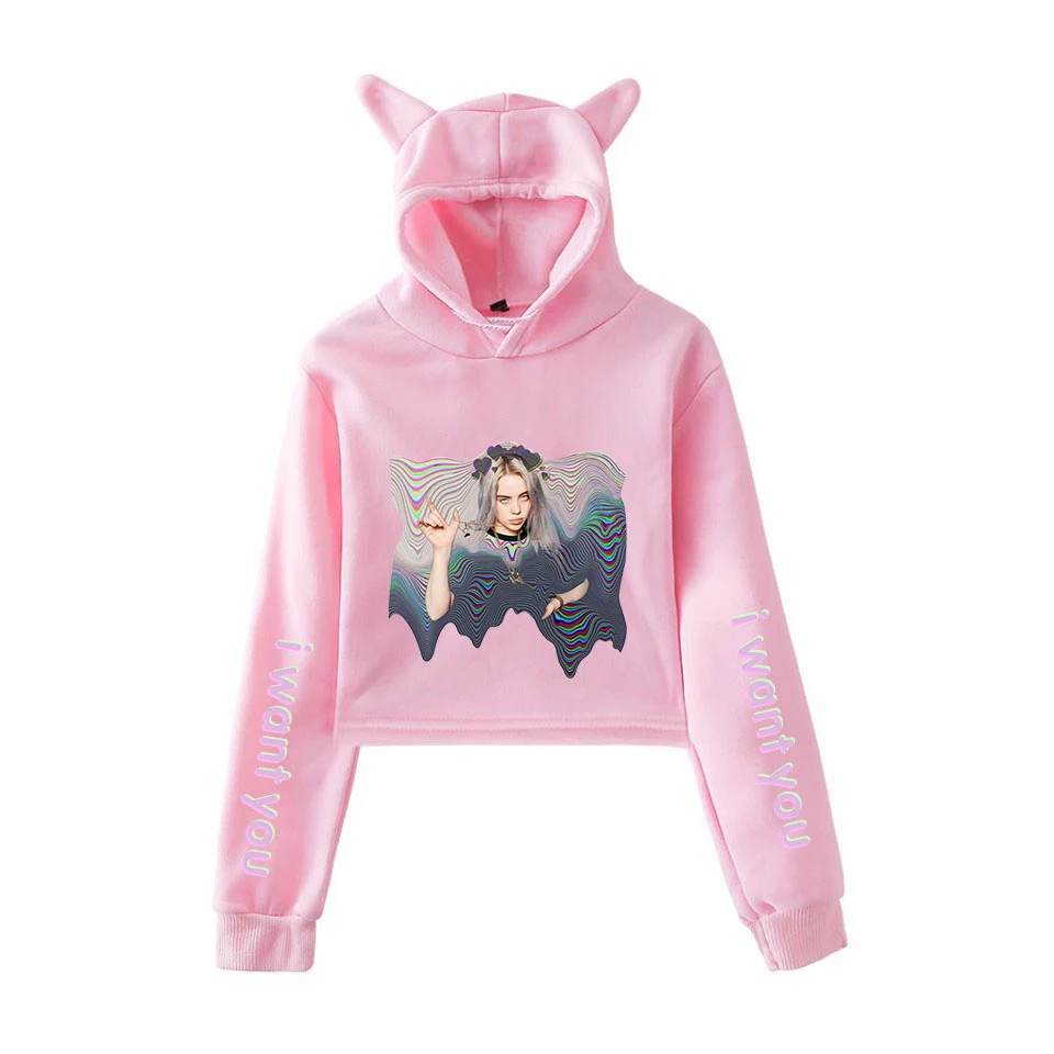 Billie Eilish Толстовка Harajuku милый кот Негабаритных Толстовки Кофты Розовый женский хит-хоп толстовка летняя укороченная верхняя одежда