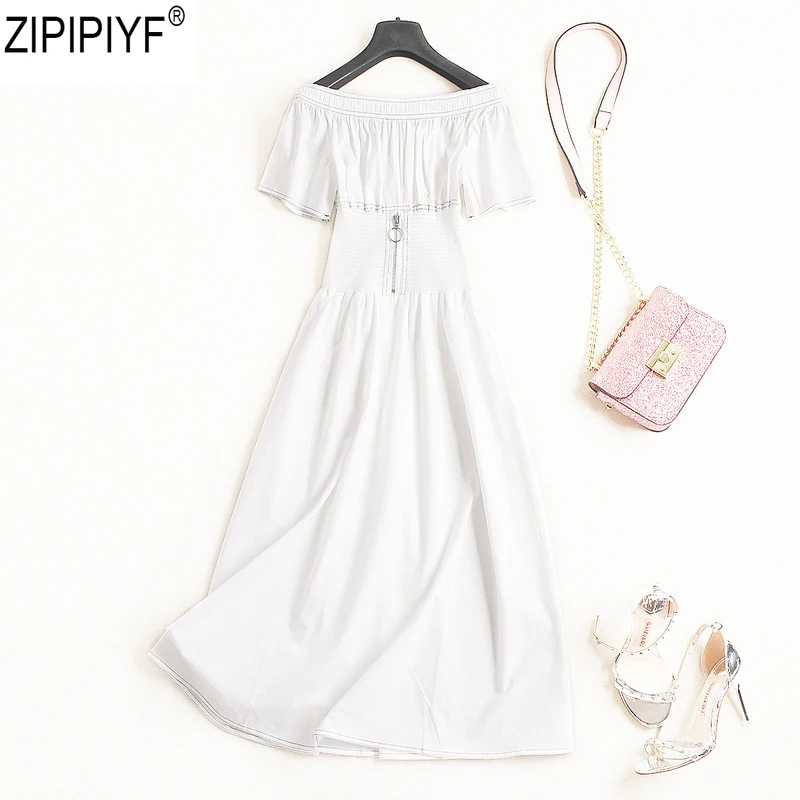 High Quality 2018 Summer Fashion Elegant Slash Neck Short Sleeve Solid Dress Waist Ankle-Length Beach VestidosC1529 | Женская одежда