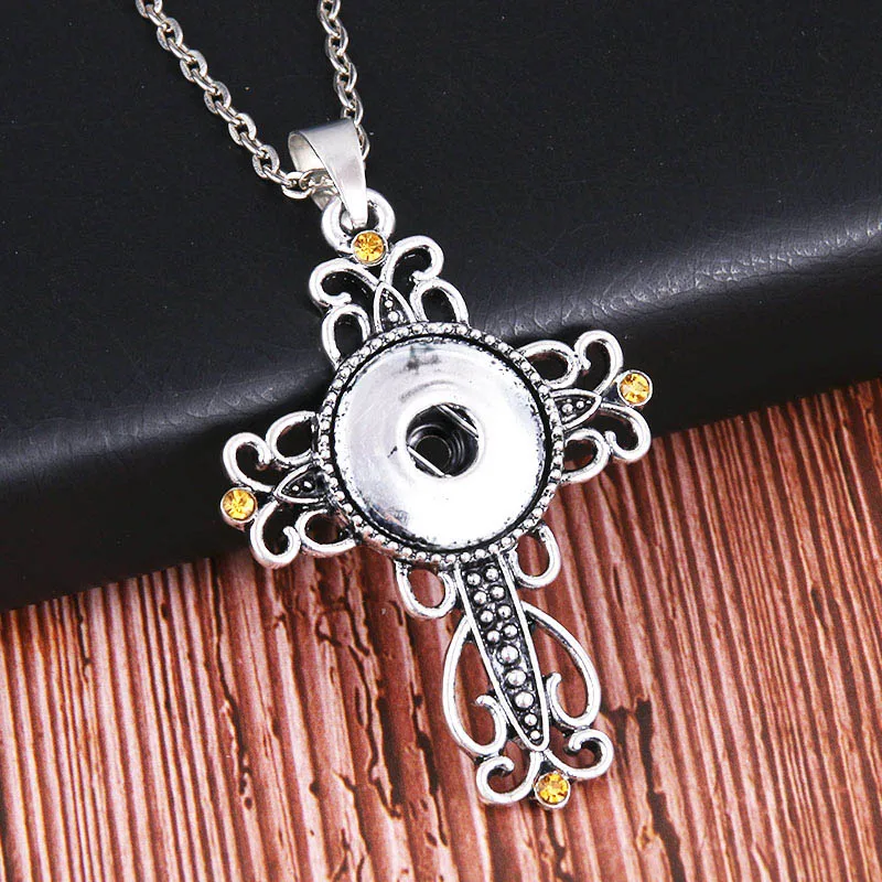 Vintage Snaps Jewelry Crystal Cross Snap Necklace Jesus Necklaces with long Chain pendant necklace fit 18mm snap 3066|Ожерелья с
