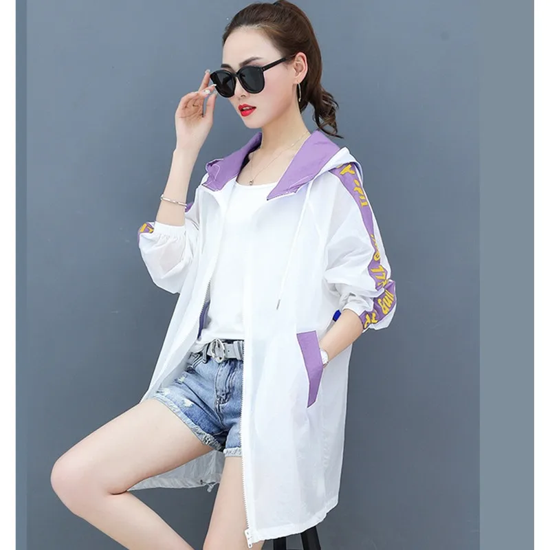 UHYTGF Oversized Womens summer tops coat Casual hooded sun protection clothing Loose breathable thin coats elegant bike top 1471 | Женская