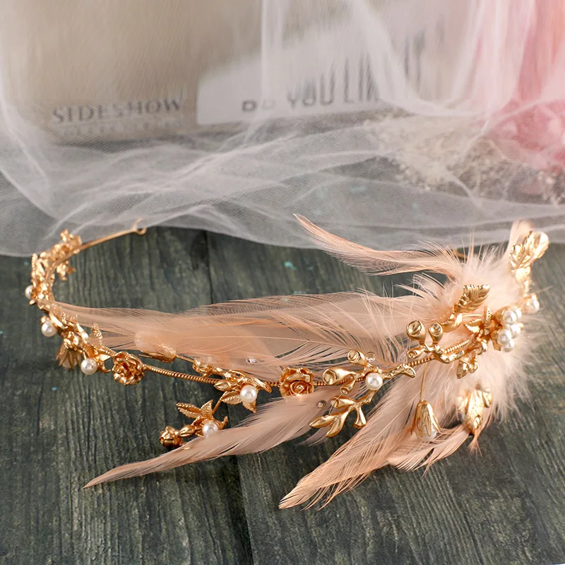

Feather Bridal Tiaras Handmade Golden color Wedding Hair Accessories Pearl Bridal Headpiece Prom Headbands Hairbands