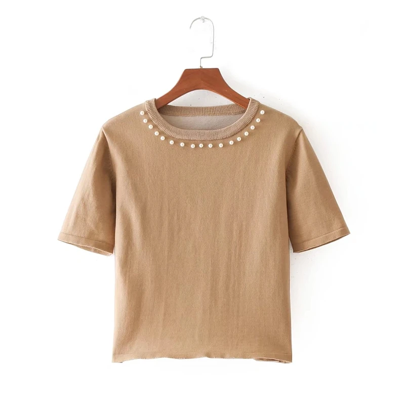 2018 Женская мода Винтаж яркие цвета бисером с коротким рукавом трикотажная блузка