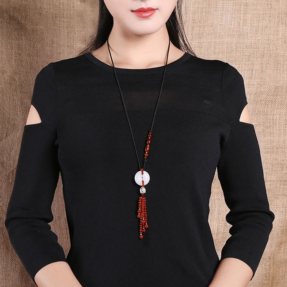 

Ethnic Tassel Handmade White Round J ade Buckle Red Stone Bead 925 silver Rope Chain Accessories Woman Pendant Necklace CL-17084