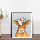 Корова, цветок, корона, фермерский стиль, живопись, Детские плакаты, принты для детской, животные, настенная Картина на холсте