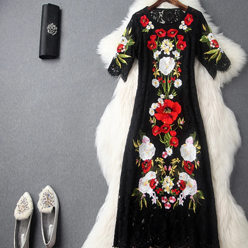 Женское длинное кружевное платье с цветочной вышивкой винтажное праздничное