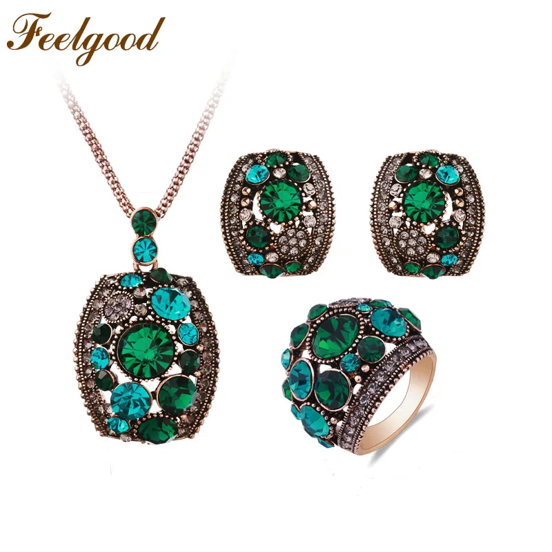 Feelgood Silver Color Vintage Jewellery Set White And Black Crystal Jewelry Sets With Necklace Stud Earrings Ring For Women Gift | Украшения